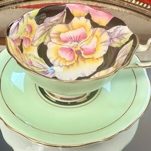 RARE! PARAGON England bone china Floral Teacup and Saucer Set - Green and Pink